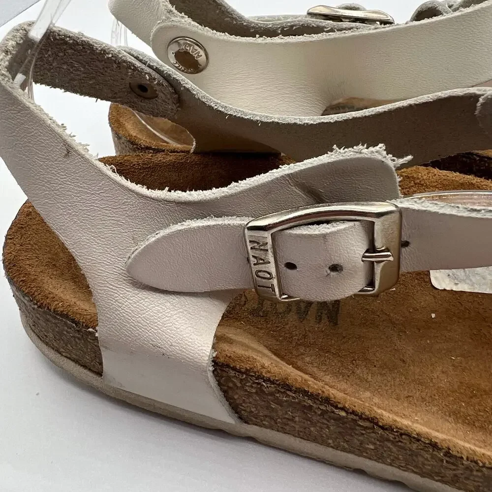 Naot Leather Thong Flat Sandals White Brown Buckles Womens Size 37 US 6 Boho